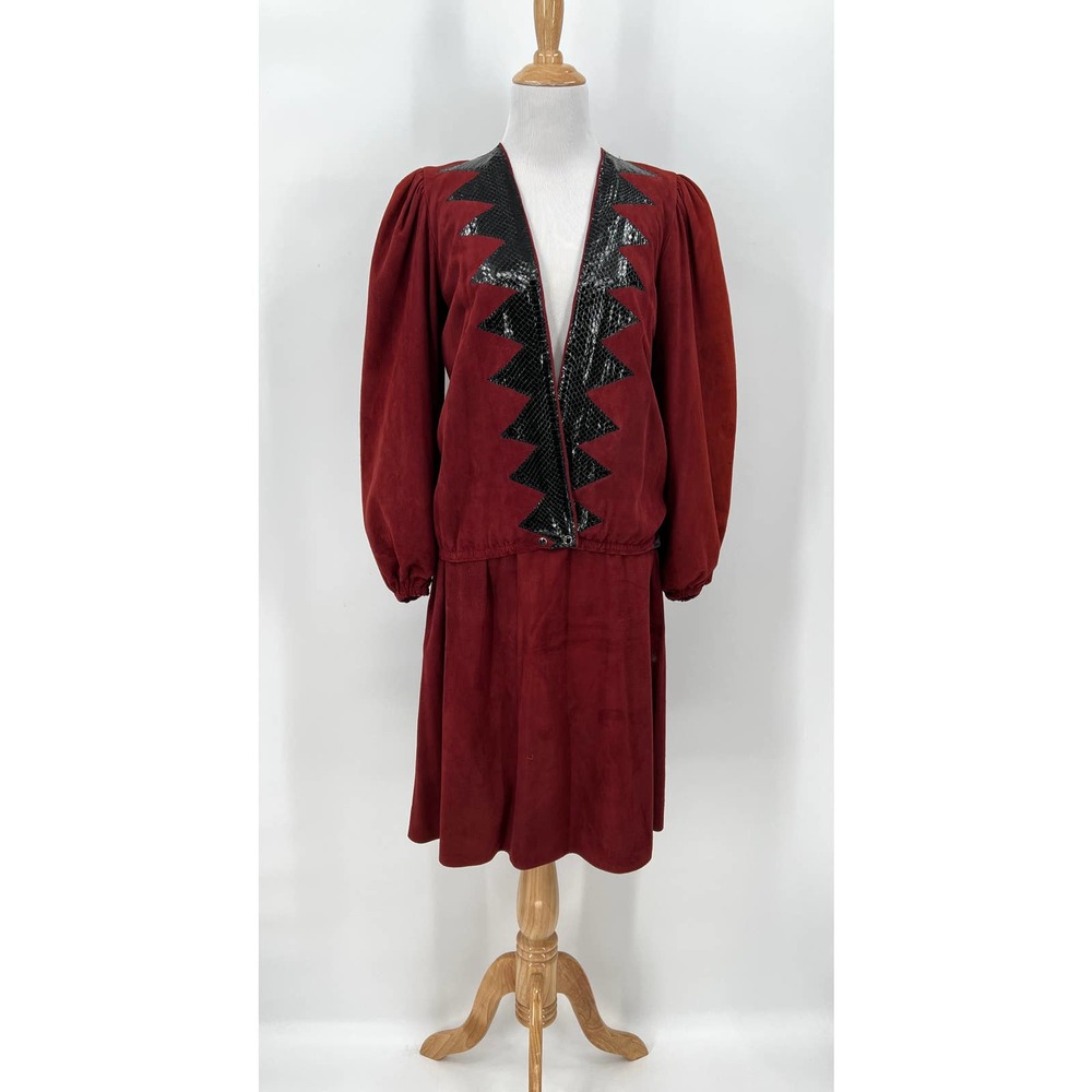 ALEXANDRA AND GAIL Vintage Suede Skirt Suit Set Small 2 Piece Set Burgundy Black